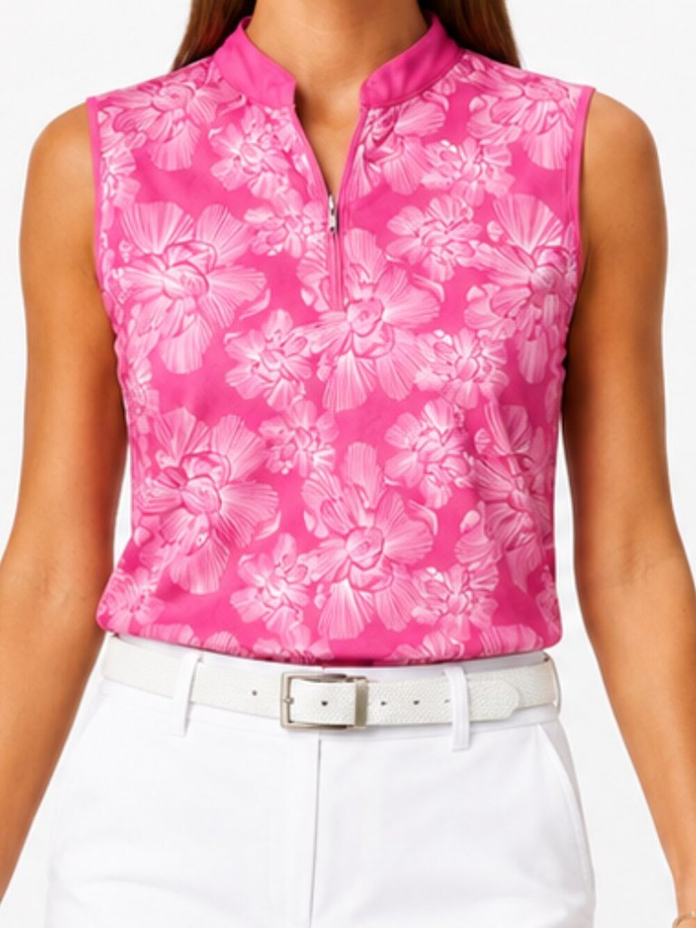 Pink Floral 1/4 Zip Sleeveless Breathable Performance Golf Pickleball Top [ XXL]